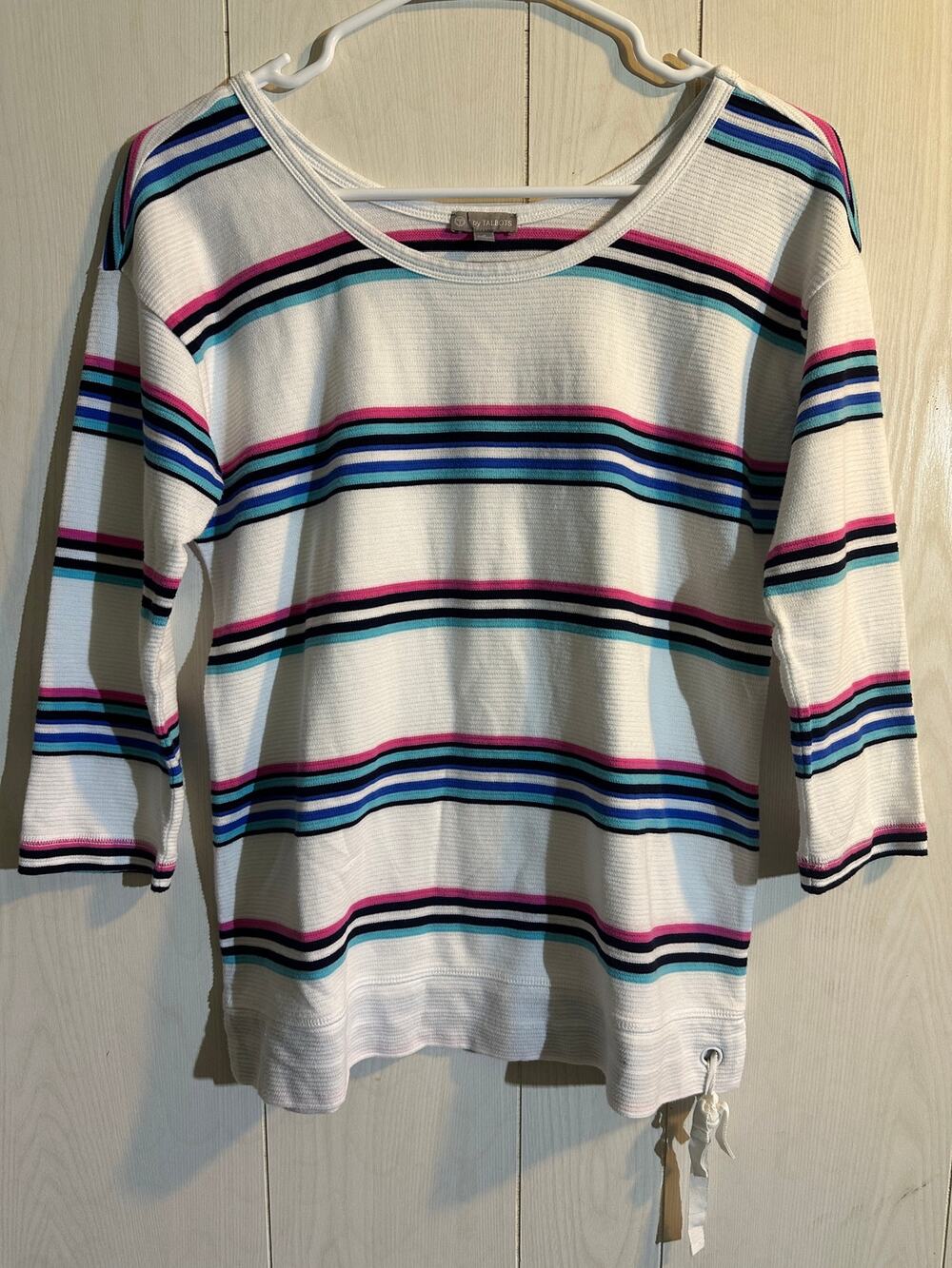 T by Talbots Striped Ribbed Knit Top Womens Petite P White Pink Blue 3/4 Sleeve